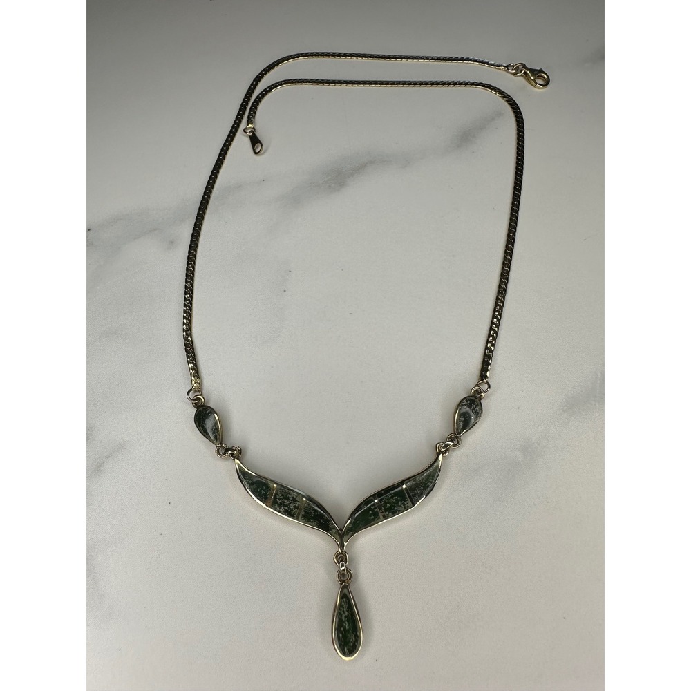 Sterling Silver Gold Vermeil Green Stone Bib Necklace 18 In RC Thailand 925